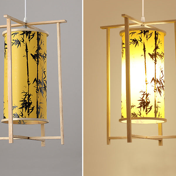 Traditionelle chinesische Bambus-PVC-Eisen-Zylinderlaterne Blumen-Vogel 1-Licht Pendelleuchte für Esszimmer 
