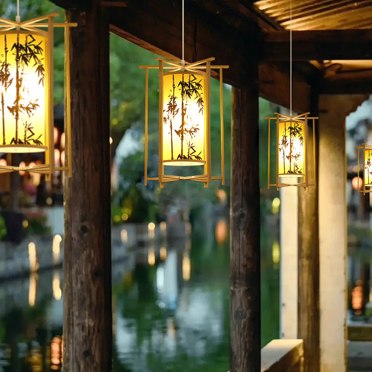 Traditionelle chinesische Bambus-PVC-Eisen-Zylinderlaterne Blumen-Vogel 1-Licht Pendelleuchte für Esszimmer 