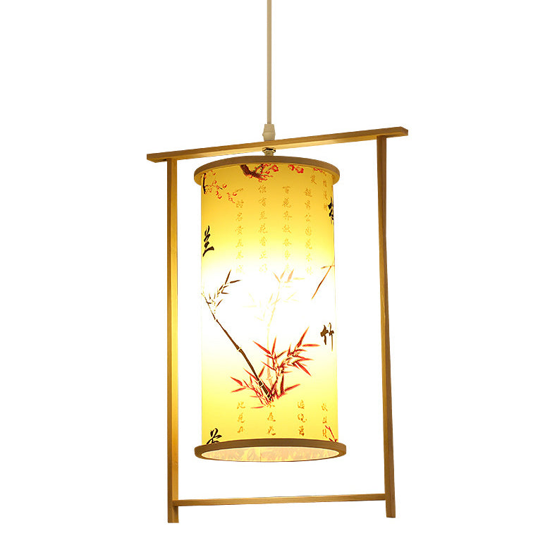 Traditionelle chinesische Bambus-PVC-Eisen-Zylinderlaterne Blumen-Vogel 1-Licht Pendelleuchte für Esszimmer 
