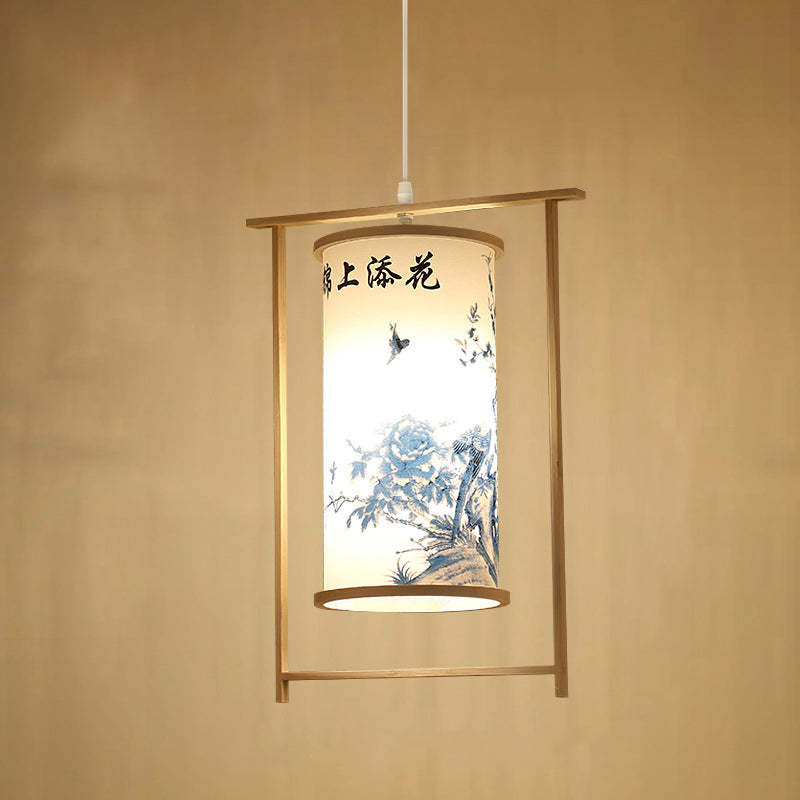 Traditionelle chinesische Bambus-PVC-Eisen-Zylinderlaterne Blumen-Vogel 1-Licht Pendelleuchte für Esszimmer 