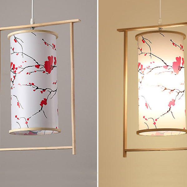 Traditionelle chinesische Bambus-PVC-Eisen-Zylinderlaterne Blumen-Vogel 1-Licht Pendelleuchte für Esszimmer 