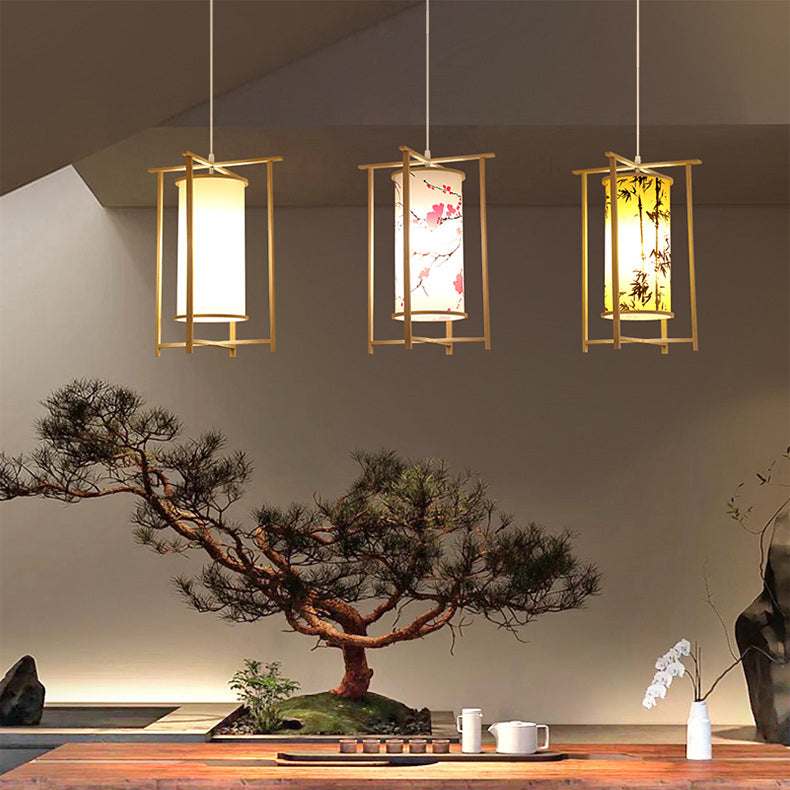 Traditionelle chinesische Bambus-PVC-Eisen-Zylinderlaterne Blumen-Vogel 1-Licht Pendelleuchte für Esszimmer 