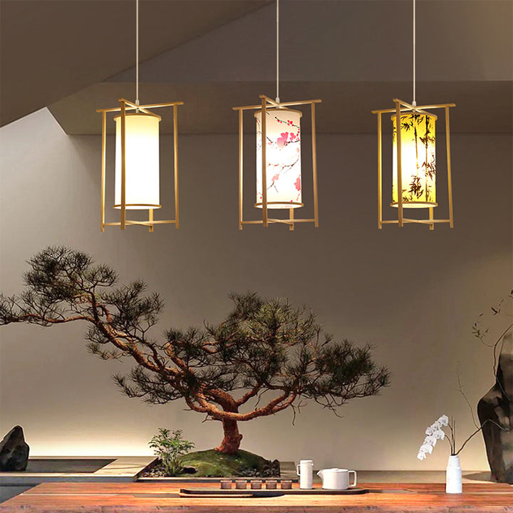 Traditionelle chinesische Bambus-PVC-Eisen-Zylinderlaterne Blumen-Vogel 1-Licht Pendelleuchte für Esszimmer 