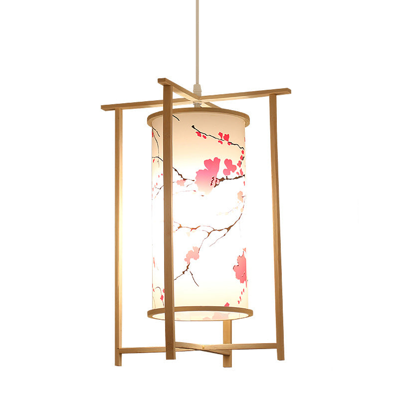 Traditionelle chinesische Bambus-PVC-Eisen-Zylinderlaterne Blumen-Vogel 1-Licht Pendelleuchte für Esszimmer 