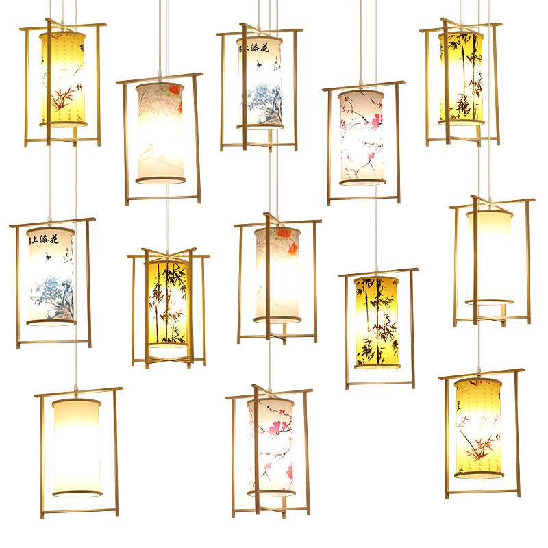 Traditionelle chinesische Bambus-PVC-Eisen-Zylinderlaterne Blumen-Vogel 1-Licht Pendelleuchte für Esszimmer 