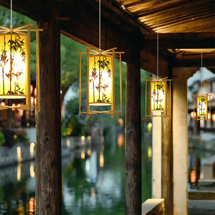 Traditionelle chinesische Bambus-PVC-Eisen-Zylinderlaterne Blumen-Vogel 1-Licht Pendelleuchte für Esszimmer 