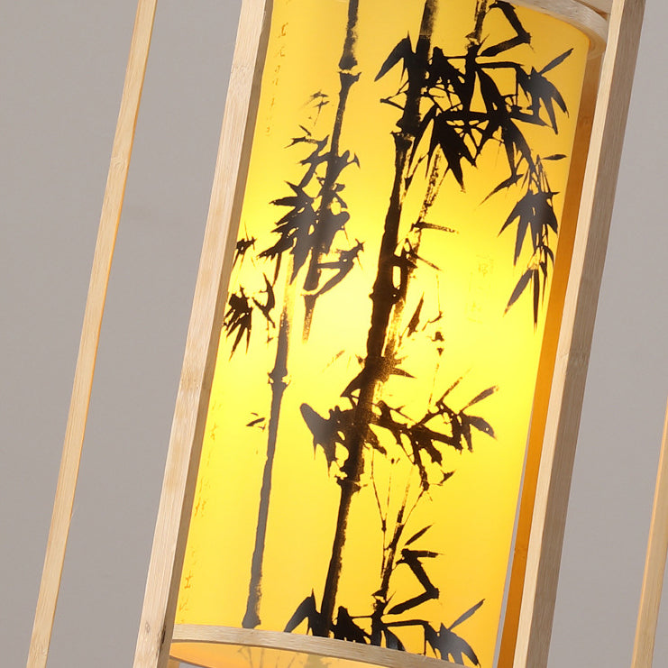 Traditionelle chinesische Bambus-PVC-Eisen-Zylinderlaterne Blumen-Vogel 1-Licht Pendelleuchte für Esszimmer 
