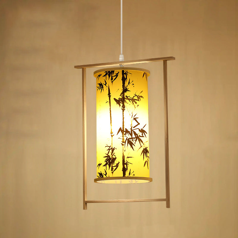 Traditionelle chinesische Bambus-PVC-Eisen-Zylinderlaterne Blumen-Vogel 1-Licht Pendelleuchte für Esszimmer 