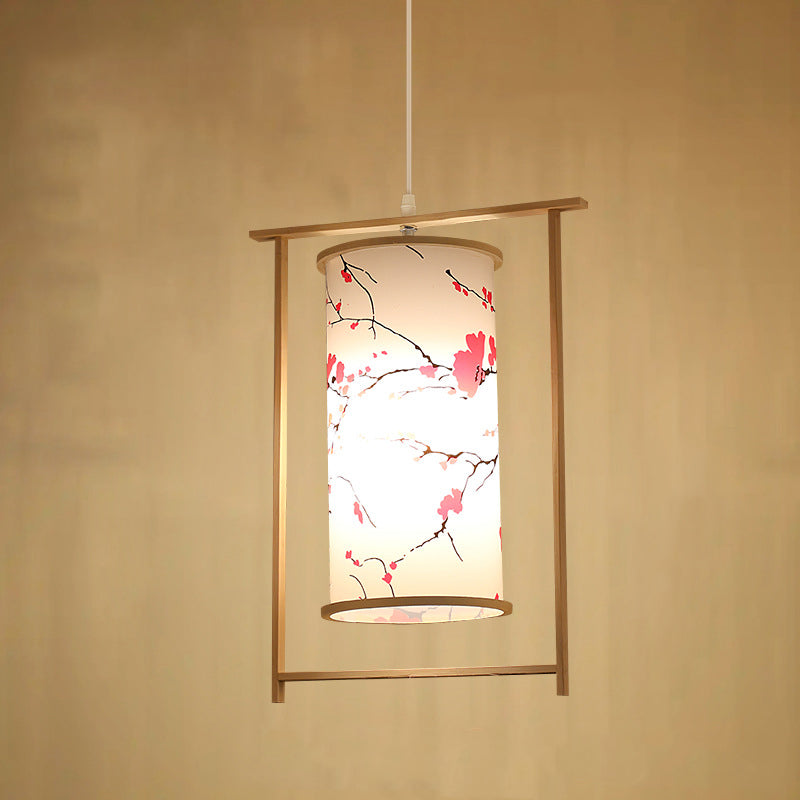 Traditionelle chinesische Bambus-PVC-Eisen-Zylinderlaterne Blumen-Vogel 1-Licht Pendelleuchte für Esszimmer 