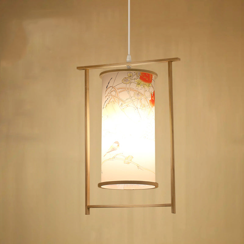 Traditionelle chinesische Bambus-PVC-Eisen-Zylinderlaterne Blumen-Vogel 1-Licht Pendelleuchte für Esszimmer 