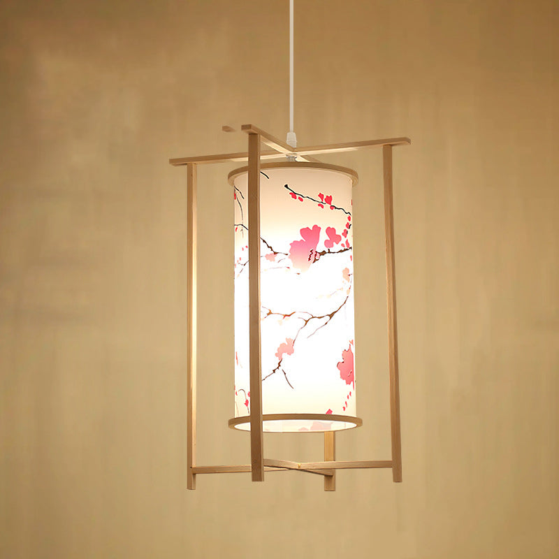 Traditionelle chinesische Bambus-PVC-Eisen-Zylinderlaterne Blumen-Vogel 1-Licht Pendelleuchte für Esszimmer 