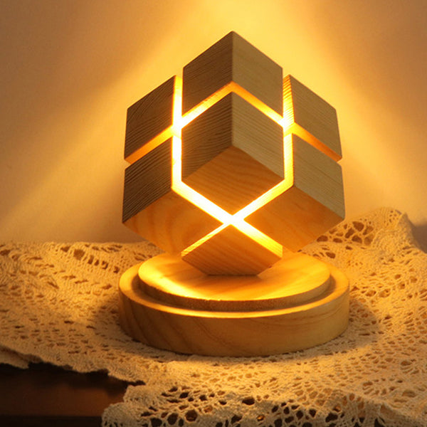 مصباح طاولة LED مكعب سحري خشبي للإبداع المعاصر للبطارية ضوء ليلي لغرفة النوم 