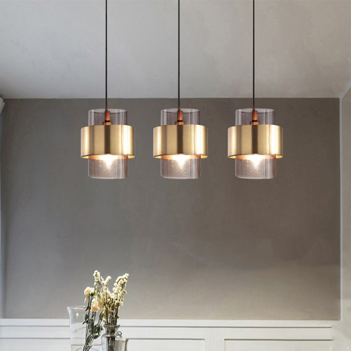 Cylindre en verre et fer scandinave contemporain, suspension à 1 lumière pour chevet 