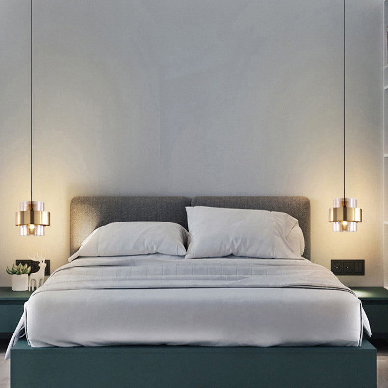 Cylindre en verre et fer scandinave contemporain, suspension à 1 lumière pour chevet 