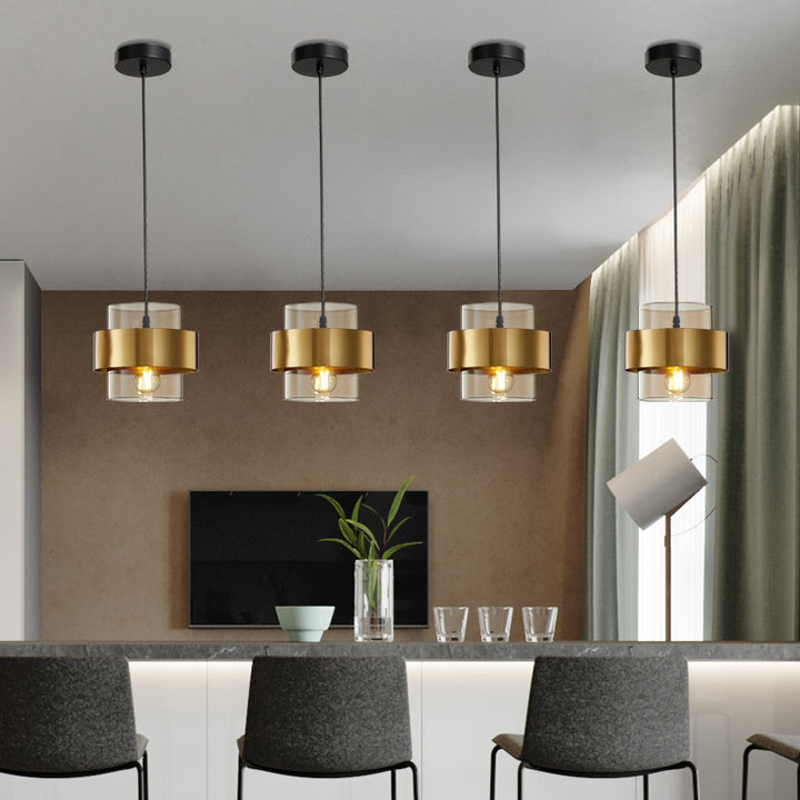 Cylindre en verre et fer scandinave contemporain, suspension à 1 lumière pour chevet 