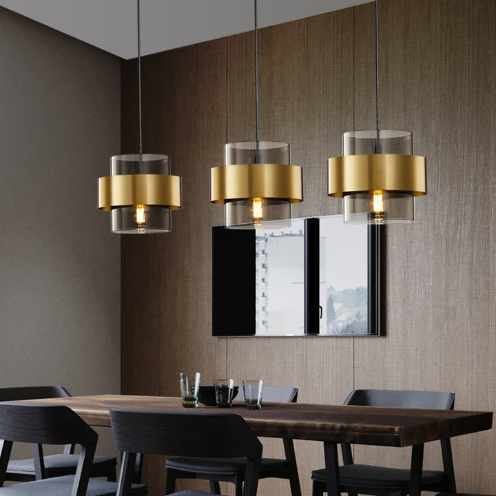 Cylindre en verre et fer scandinave contemporain, suspension à 1 lumière pour chevet 
