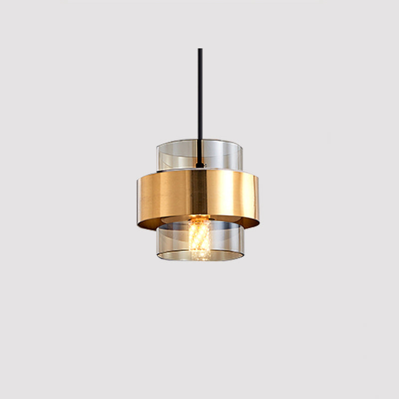 Cylindre en verre et fer scandinave contemporain, suspension à 1 lumière pour chevet 