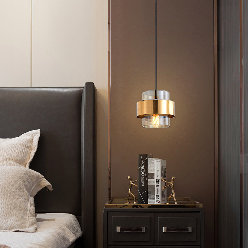 Cylindre en verre et fer scandinave contemporain, suspension à 1 lumière pour chevet 