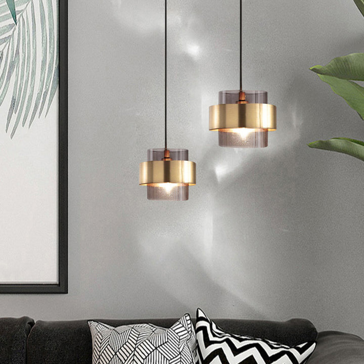 Cylindre en verre et fer scandinave contemporain, suspension à 1 lumière pour chevet 