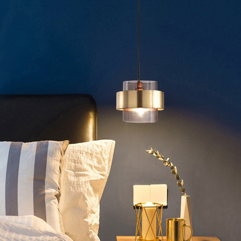 Cylindre en verre et fer scandinave contemporain, suspension à 1 lumière pour chevet 