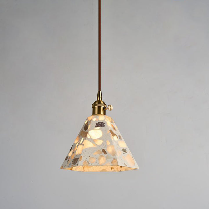 Zeitgenössisches nordisches Aluminium-Holz-Terrazzo-Transluzentes Kegelstumpfzylinder 1-Licht-Pendelleuchte für das Bett 