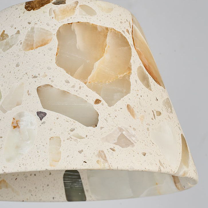 Zeitgenössisches nordisches Aluminium-Holz-Terrazzo-Transluzentes Kegelstumpfzylinder 1-Licht-Pendelleuchte für das Bett 