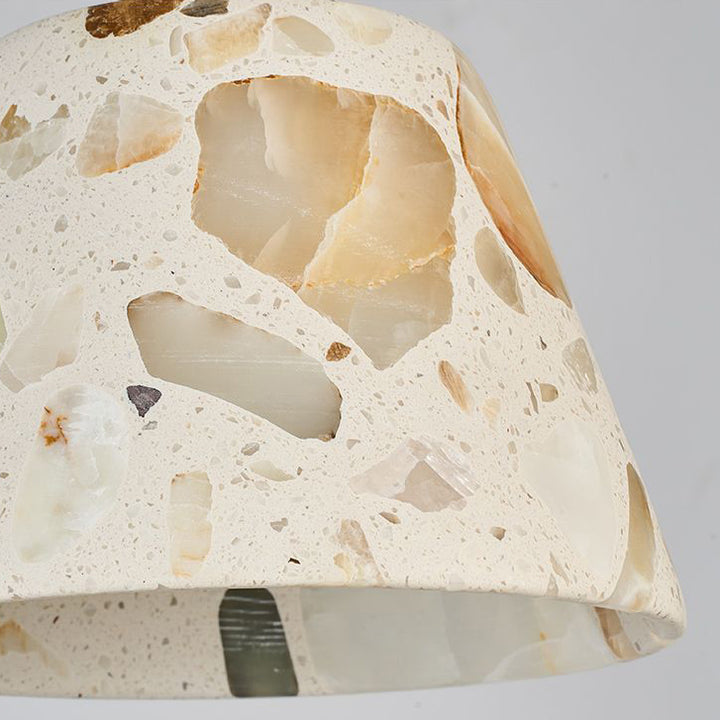Zeitgenössisches nordisches Aluminium-Holz-Terrazzo-Transluzentes Kegelstumpfzylinder 1-Licht-Pendelleuchte für das Bett 