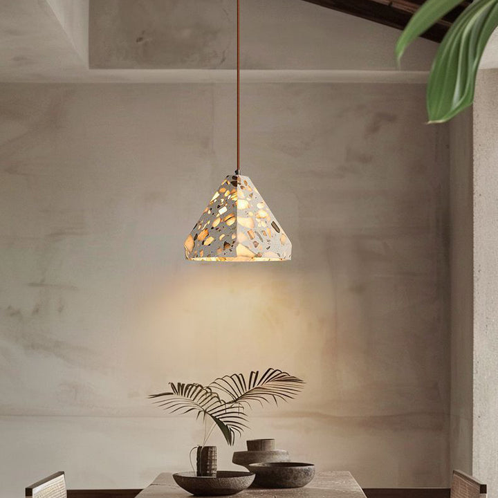 Zeitgenössisches nordisches Aluminium-Holz-Terrazzo-Transluzentes Kegelstumpfzylinder 1-Licht-Pendelleuchte für das Bett 
