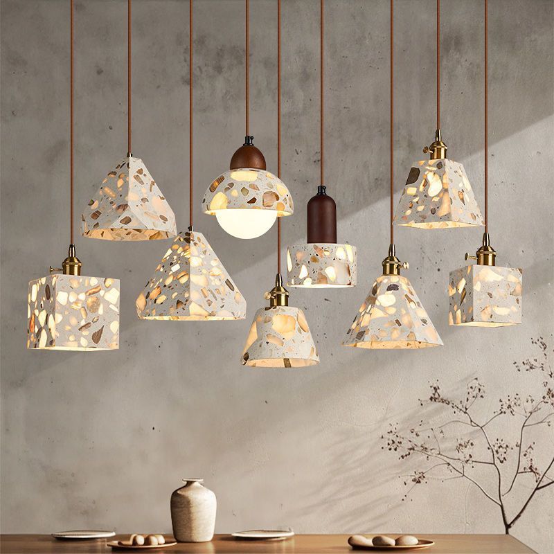 Zeitgenössisches nordisches Aluminium-Holz-Terrazzo-Transluzentes Kegelstumpfzylinder 1-Licht-Pendelleuchte für das Bett 