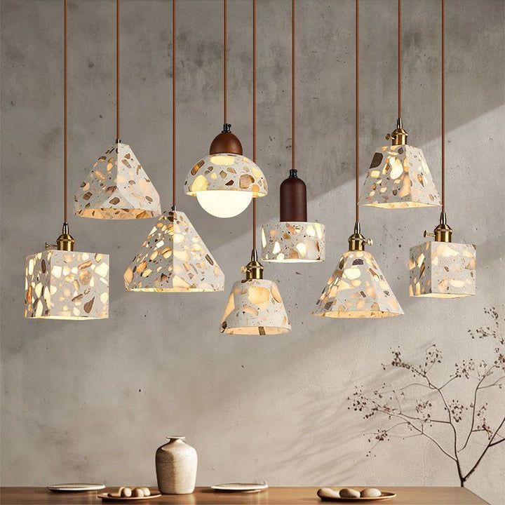 Zeitgenössisches nordisches Aluminium-Holz-Terrazzo-Transluzentes Kegelstumpfzylinder 1-Licht-Pendelleuchte für das Bett 