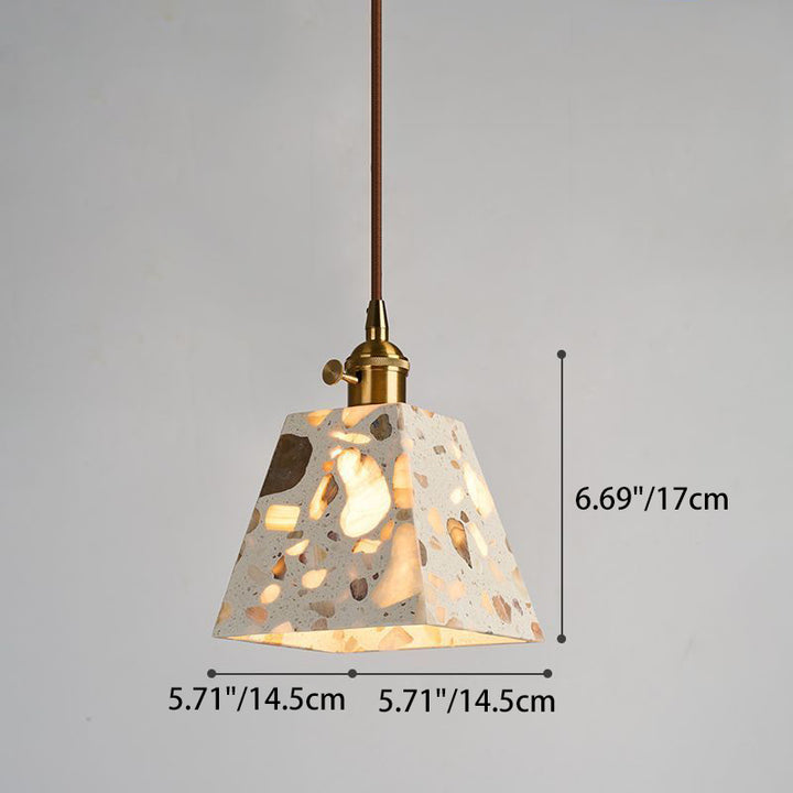 Zeitgenössisches nordisches Aluminium-Holz-Terrazzo-Transluzentes Kegelstumpfzylinder 1-Licht-Pendelleuchte für das Bett 