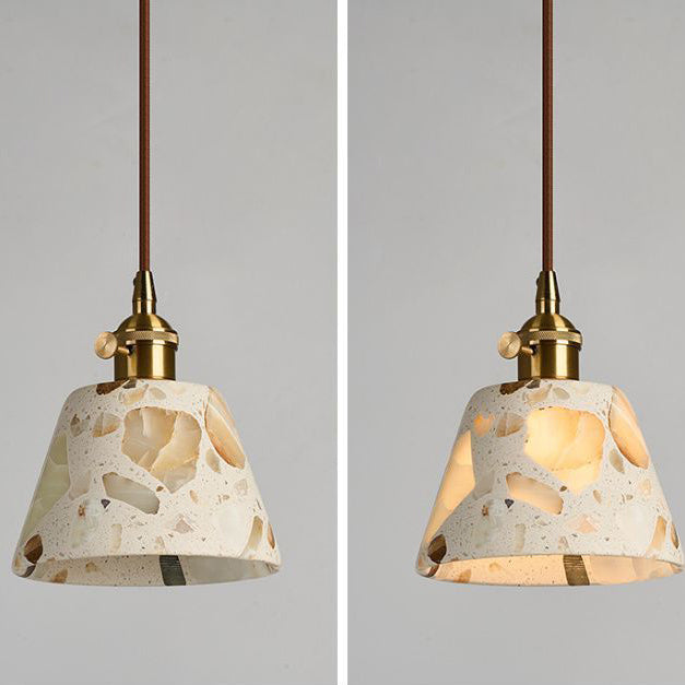 Zeitgenössisches nordisches Aluminium-Holz-Terrazzo-Transluzentes Kegelstumpfzylinder 1-Licht-Pendelleuchte für das Bett 