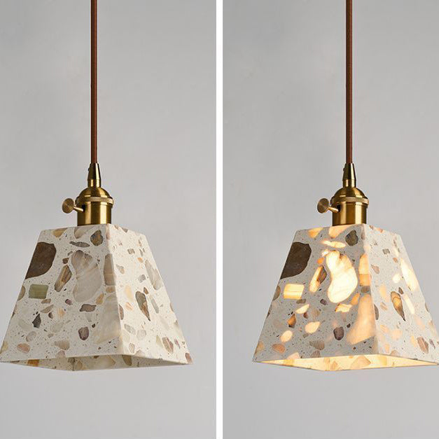Zeitgenössisches nordisches Aluminium-Holz-Terrazzo-Transluzentes Kegelstumpfzylinder 1-Licht-Pendelleuchte für das Bett 