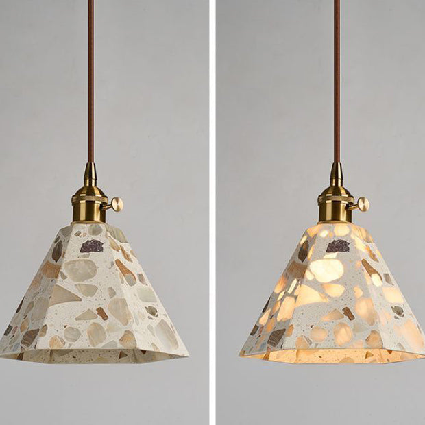Zeitgenössisches nordisches Aluminium-Holz-Terrazzo-Transluzentes Kegelstumpfzylinder 1-Licht-Pendelleuchte für das Bett 
