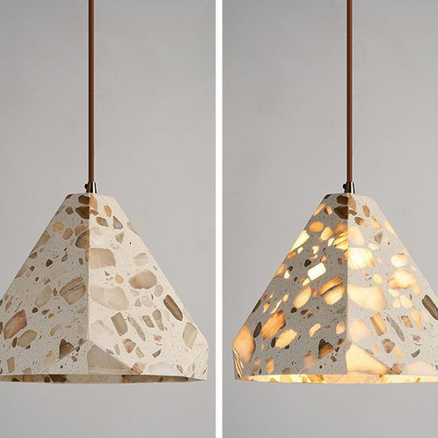 Zeitgenössisches nordisches Aluminium-Holz-Terrazzo-Transluzentes Kegelstumpfzylinder 1-Licht-Pendelleuchte für das Bett 