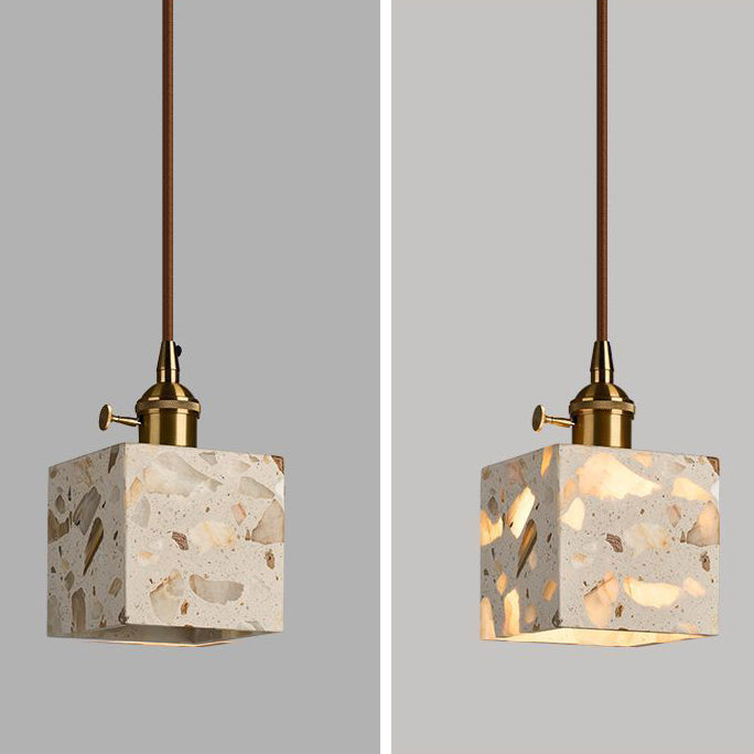 Zeitgenössisches nordisches Aluminium-Holz-Terrazzo-Transluzentes Kegelstumpfzylinder 1-Licht-Pendelleuchte für das Bett 