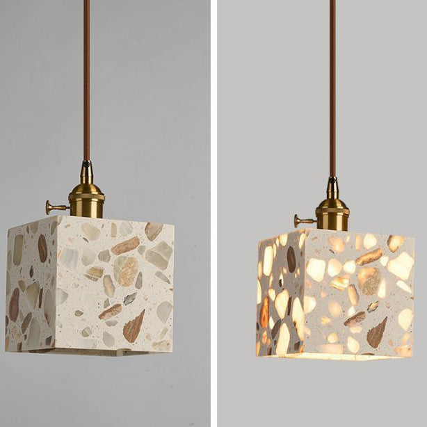 Zeitgenössisches nordisches Aluminium-Holz-Terrazzo-Transluzentes Kegelstumpfzylinder 1-Licht-Pendelleuchte für das Bett 