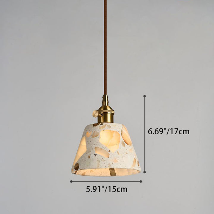 Zeitgenössisches nordisches Aluminium-Holz-Terrazzo-Transluzentes Kegelstumpfzylinder 1-Licht-Pendelleuchte für das Bett 