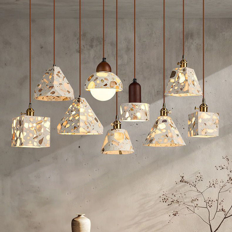 Zeitgenössisches nordisches Aluminium-Holz-Terrazzo-Transluzentes Kegelstumpfzylinder 1-Licht-Pendelleuchte für das Bett 