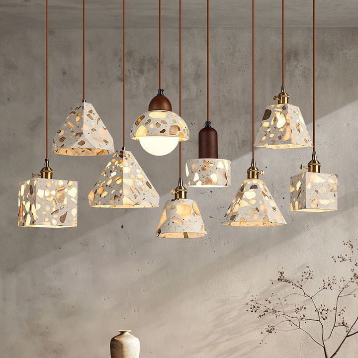 Zeitgenössisches nordisches Aluminium-Holz-Terrazzo-Transluzentes Kegelstumpfzylinder 1-Licht-Pendelleuchte für das Bett 