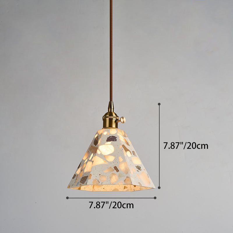 Zeitgenössisches nordisches Aluminium-Holz-Terrazzo-Transluzentes Kegelstumpfzylinder 1-Licht-Pendelleuchte für das Bett 