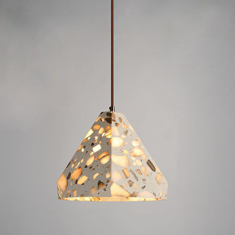 Zeitgenössisches nordisches Aluminium-Holz-Terrazzo-Transluzentes Kegelstumpfzylinder 1-Licht-Pendelleuchte für das Bett 