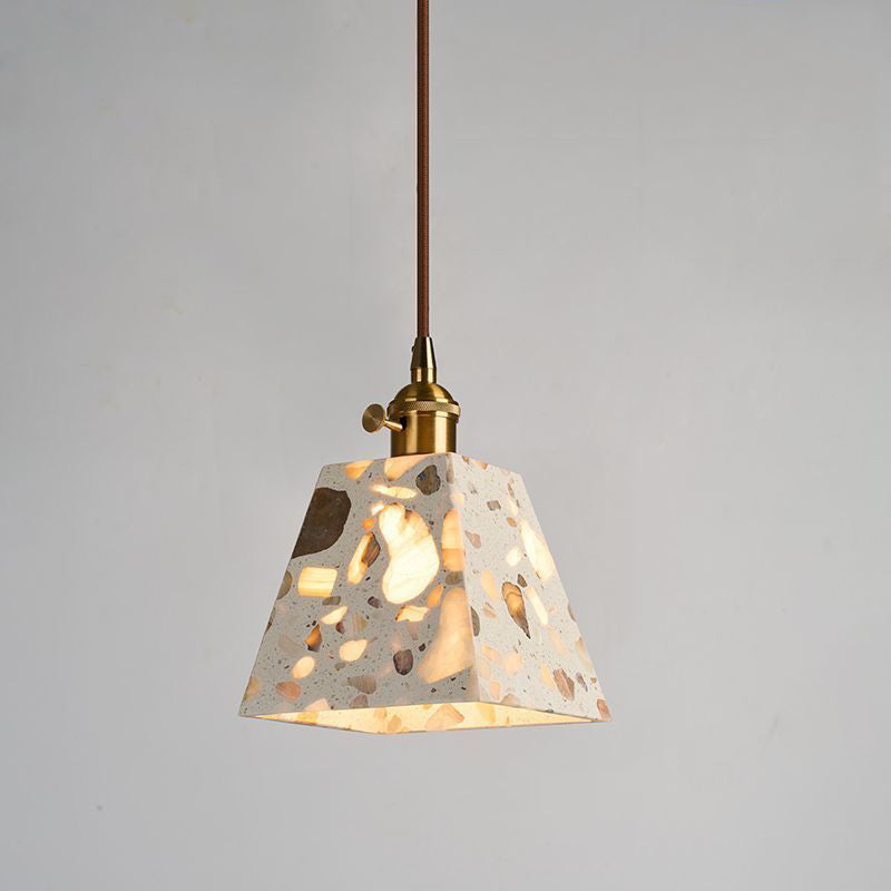Zeitgenössisches nordisches Aluminium-Holz-Terrazzo-Transluzentes Kegelstumpfzylinder 1-Licht-Pendelleuchte für das Bett 