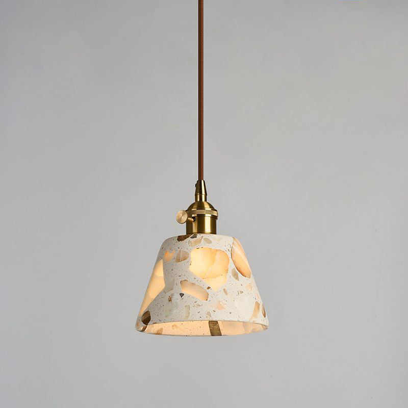 Zeitgenössisches nordisches Aluminium-Holz-Terrazzo-Transluzentes Kegelstumpfzylinder 1-Licht-Pendelleuchte für das Bett 