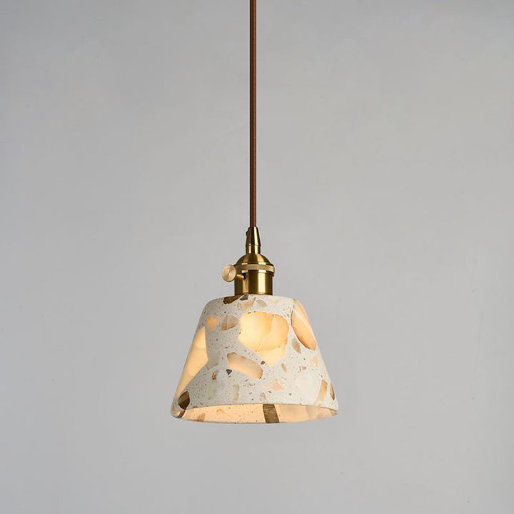 Zeitgenössisches nordisches Aluminium-Holz-Terrazzo-Transluzentes Kegelstumpfzylinder 1-Licht-Pendelleuchte für das Bett 