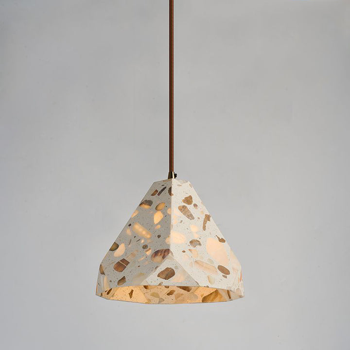 Zeitgenössisches nordisches Aluminium-Holz-Terrazzo-Transluzentes Kegelstumpfzylinder 1-Licht-Pendelleuchte für das Bett 