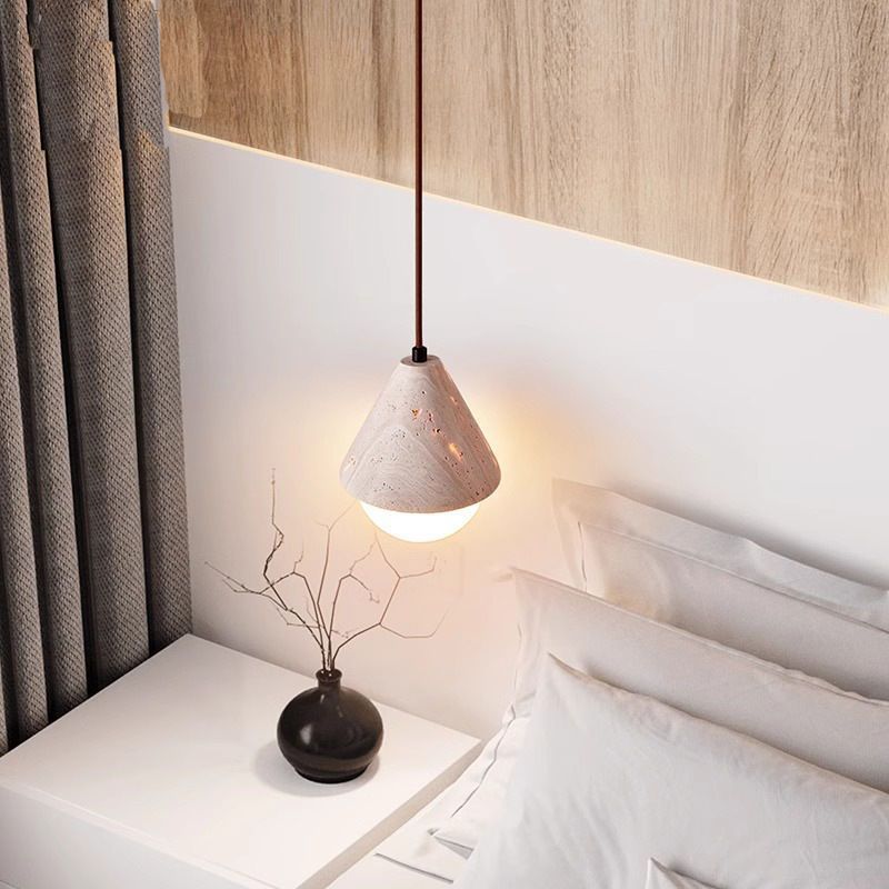 Traditional Japanese Travertine Conic Ball 1-Light Pendant Light For Dining Room