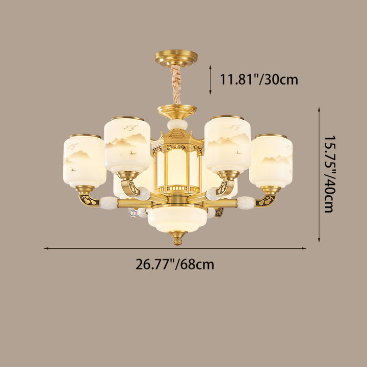 Traditional Chinese Copper Jade Glass Cylinder Temple Landscape Carving 6/8/10/12/15/18-Light Chandeliers For Living Room