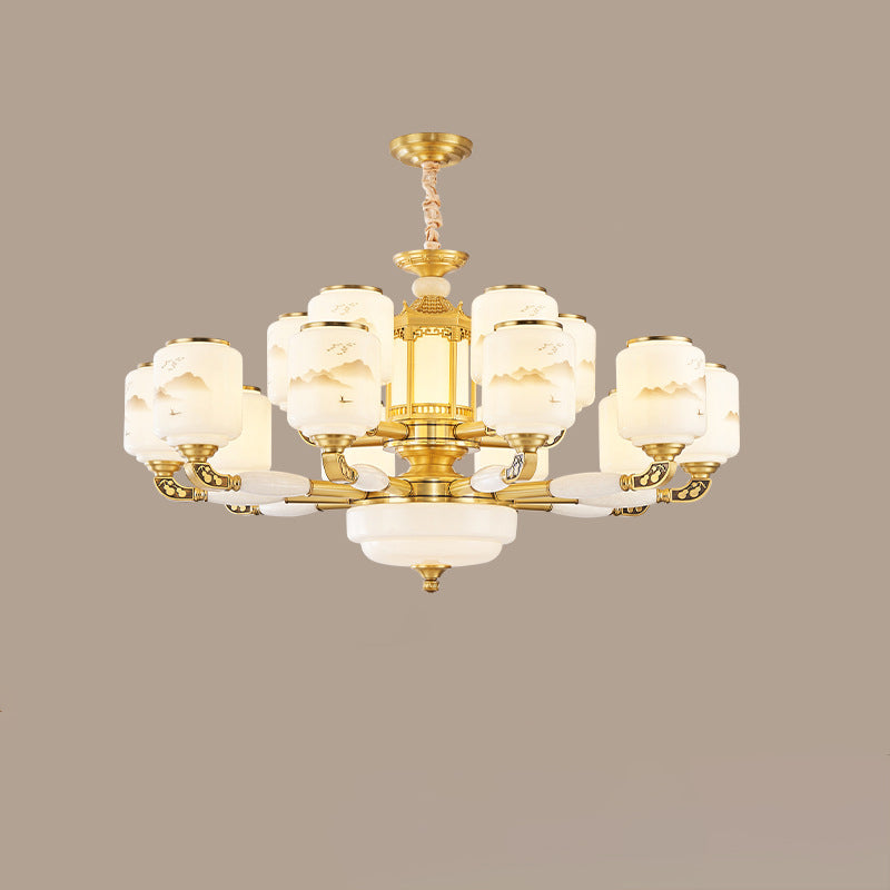 Traditional Chinese Copper Jade Glass Cylinder Temple Landscape Carving 6/8/10/12/15/18-Light Chandeliers For Living Room