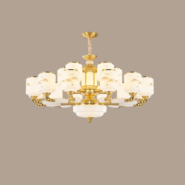 Traditional Chinese Copper Jade Glass Cylinder Temple Landscape Carving 6/8/10/12/15/18-Light Chandeliers For Living Room